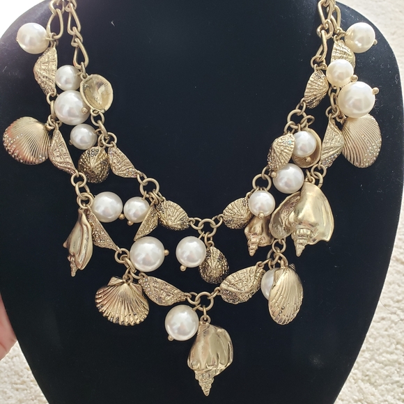 SOLD Talbots Double Layer Gold Shell, Rhinestone and Pearl Necklace - Picture 5 of 8